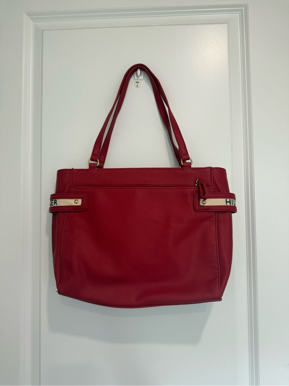 Tommy Hilfiger Red Pebbled Leather Shoulder Tote with Logo Straps